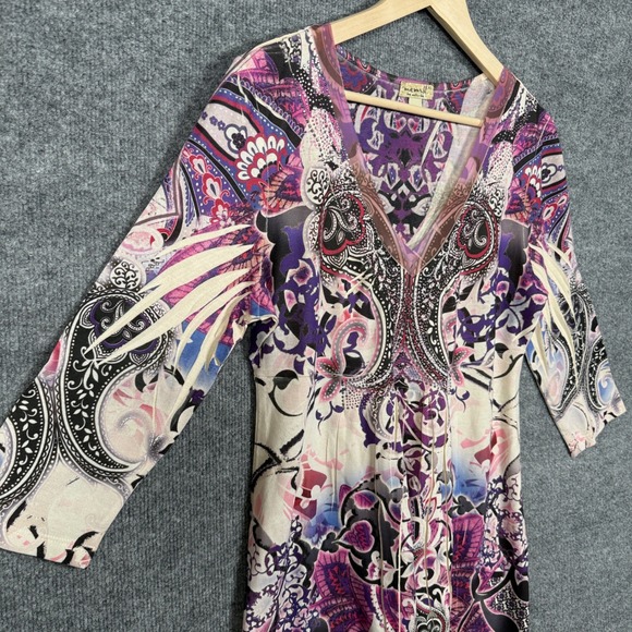One World Size XL Top Blouse White Purple Paisley Boho Beaded 3/4 Sleeve Stretch - Picture 4 of 8